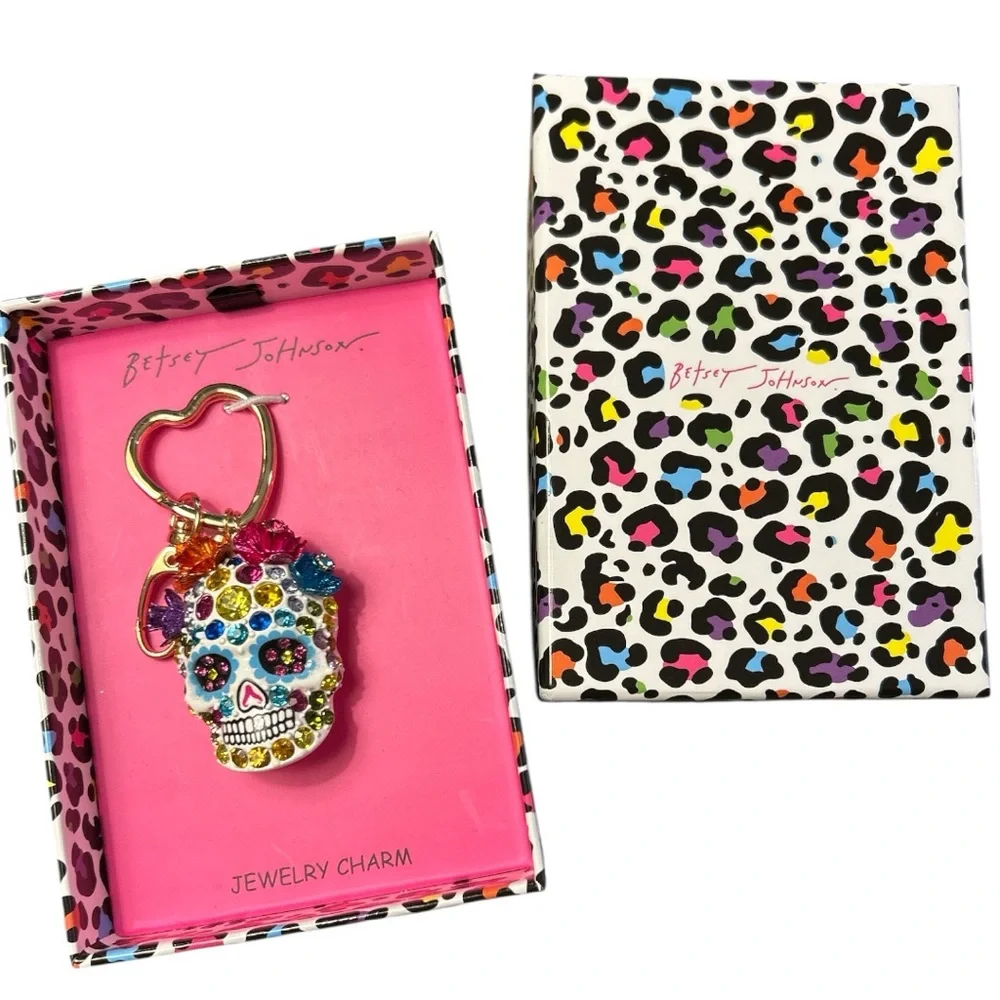 Betsey Johnson Multicolor skull key chain bag charm with rhinestons NIB